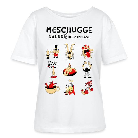 Berlin Shirt-mit schwarzem 'MESCHUGGE' Print und 9 bunten verrückten Figuren-Rundhals Frauen Bio-T-Shirt - Weiß