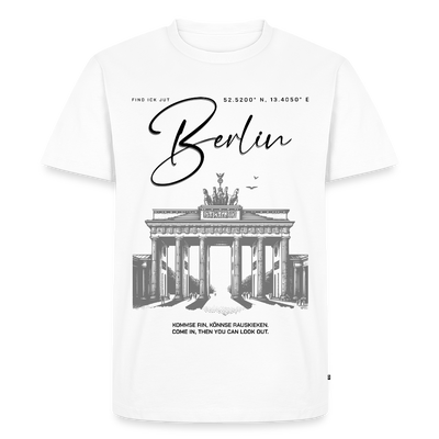 Berlin Shirt-Schriftzug 'Berlin in schwarzer Schreibschrift über der Brust-darunter das Brandenburger Tor als dunkelgraue Illustration-ganz unten steht 'KOMMSE RIN, KÖNNSE RAUSKIEKEN-Männer Premium bio T-Shirt - Weiß