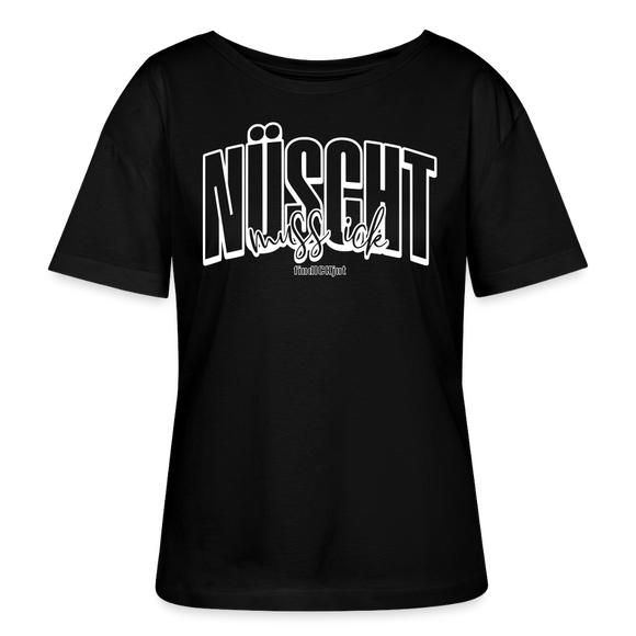 schwarzes Damen T-Shirt aus Bio-Baumwolle mit weissem Aufdruck „NÜSCHT MUSS ICK“ im Berliner Schnauze Stil, von findickjut.