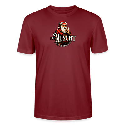Bordeauxrotes Weihnachts T‑Shirt mit Aufdruck „Jibt Nüscht, ihr Flitzpiepen“ und Santa‑Motiv