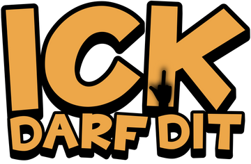 in gelben schwarzumrandeten grossbuchstaben ICK DARF DIT-im Buchstaben k sieht man den Schatten einer Hand mit erhobenem Mittelfinger -ein typisches Berliner Sprüche T-Shirt