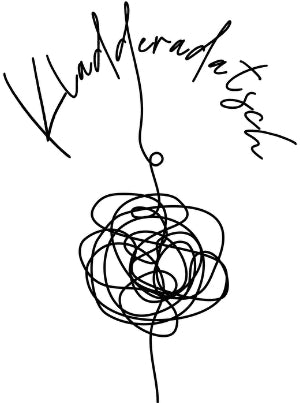 halbkreisförmig in Schreibschrift das Wort Kladderadatsch - am zweiten d hängt mittig ein verschlungenes Knäuel runter 