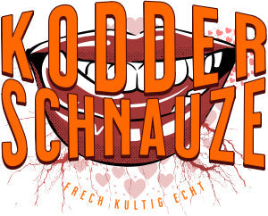 Berliner Sprüche Design KODDERSCHNAUZE in oranger Schrift, lachender Mund im Hintergrund, Blitze und zarte Herzen