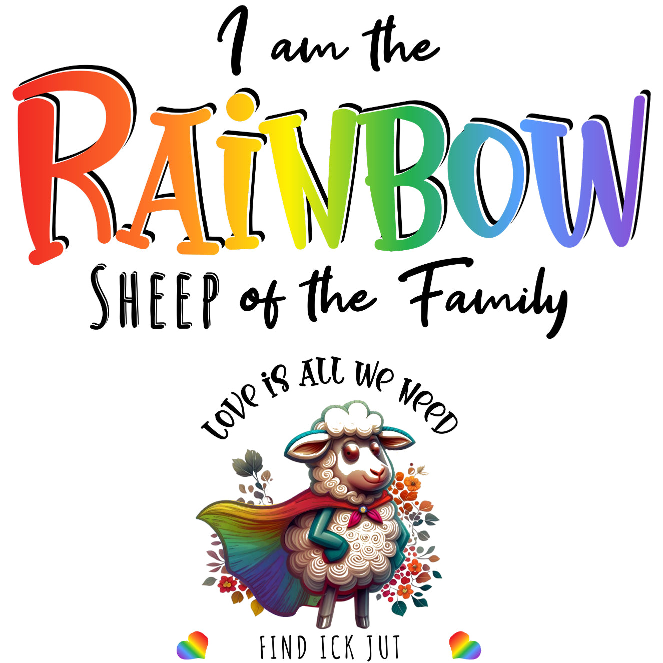 Illustration eines Regenbogenschafs mit Umhang, begleitet von Text: "I am the Rainbow Sheep of the Family". Keywords: Pride, CSD Berlin, Liebe. Buntes Design symbolisiert Vielfalt und Akzeptanz.