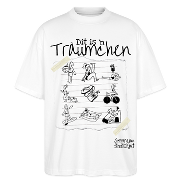 Sommer in Berlin-Oversized Unisex Bio T-Shirt - Weiß-Illustration auf einem Oversized Bio T-Shirt: „Dit is’n Träumchen“ mit handgezeichneten Berliner Sommer-Motiven wie Eis essen, chillen, Rad fahren, Hund ausführen, Sonnenbaden und Sandburg bauen. Darunter der Schriftzug „Sommer 2025 findICKjut“.