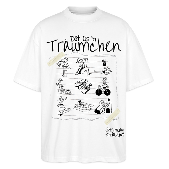 Sommer in Berlin-Oversized Unisex Bio T-Shirt - Weiß-Illustration auf einem Oversized Bio T-Shirt: „Dit is’n Träumchen“ mit handgezeichneten Berliner Sommer-Motiven wie Eis essen, chillen, Rad fahren, Hund ausführen, Sonnenbaden und Sandburg bauen. Darunter der Schriftzug „Sommer 2025 findICKjut“.