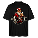 Schwarzes Weihnachts T‑Shirt im Oversized Fit mit Berliner Spruchmotiv auf der Brust﻿ "NÜSCHT IHR FLITZPIEPEN" und grosser Weihnachtsmann als Gangster-Print  - Unisex Oversize Bio-T-Shirt - Schwarz