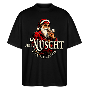 Schwarzes Weihnachts T‑Shirt im Oversized Fit mit Berliner Spruchmotiv auf der Brust﻿ "NÜSCHT IHR FLITZPIEPEN" und grosser Weihnachtsmann als Gangster-Print  - Unisex Oversize Bio-T-Shirt - Schwarz