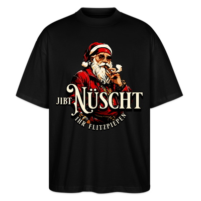 Schwarzes Weihnachts T‑Shirt im Oversized Fit mit Berliner Spruchmotiv auf der Brust﻿ "NÜSCHT IHR FLITZPIEPEN" und grosser Weihnachtsmann als Gangster-Print  - Unisex Oversize Bio-T-Shirt - Schwarz