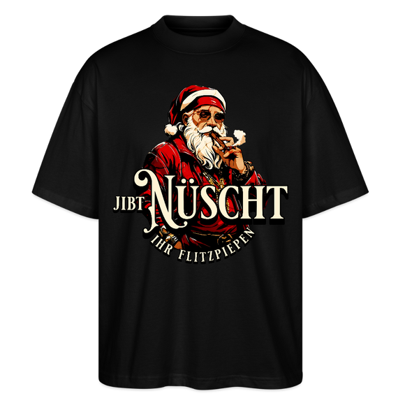 Schwarzes Weihnachts T‑Shirt im Oversized Fit mit Berliner Spruchmotiv auf der Brust﻿ "NÜSCHT IHR FLITZPIEPEN" und grosser Weihnachtsmann als Gangster-Print  - Unisex Oversize Bio-T-Shirt - Schwarz