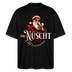 Schwarzes Weihnachts T‑Shirt im Oversized Fit mit Berliner Spruchmotiv auf der Brust﻿ "NÜSCHT IHR FLITZPIEPEN" und grosser Weihnachtsmann als Gangster-Print  - Unisex Oversize Bio-T-Shirt - Schwarz