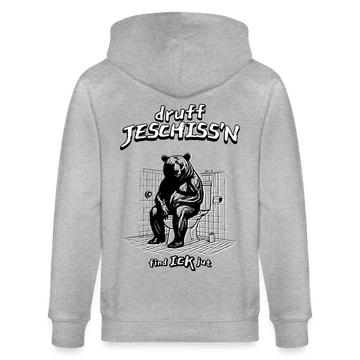 Unisex Kapuzenjacke mit dem „druff JESCHISS'N“-Design als Backprint. Die Jacke hat eine doppelt gefütterte Kapuze mit Kordelzügen, einen durchgehenden Metallreißverschluss und Kängurutaschen. Sie ist gerade geschnitten, aus 100% Bio-Baumwolle, und hat eine kuschelige Stoffdichte von 350 g/m². - Grau meliert