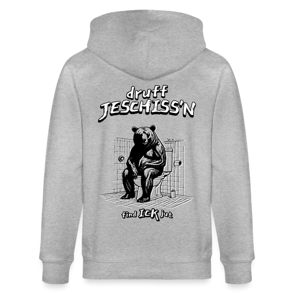 Unisex Kapuzenjacke mit dem „druff JESCHISS'N“-Design als Backprint. Die Jacke hat eine doppelt gefütterte Kapuze mit Kordelzügen, einen durchgehenden Metallreißverschluss und Kängurutaschen. Sie ist gerade geschnitten, aus 100% Bio-Baumwolle, und hat eine kuschelige Stoffdichte von 350 g/m². - Grau meliert