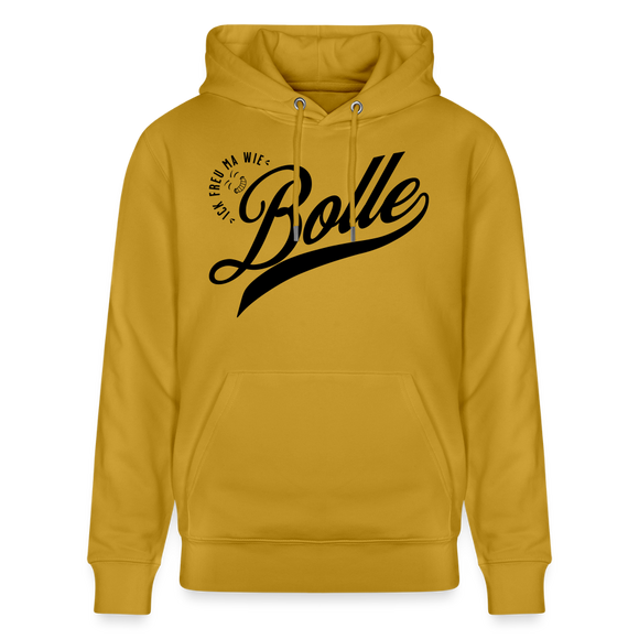 Kultiger Berliner Spruch-ICK FREU MA WIE BOLLE-als schwarzes Frontprint-Unisex Bio-Hoodie - Ocker
