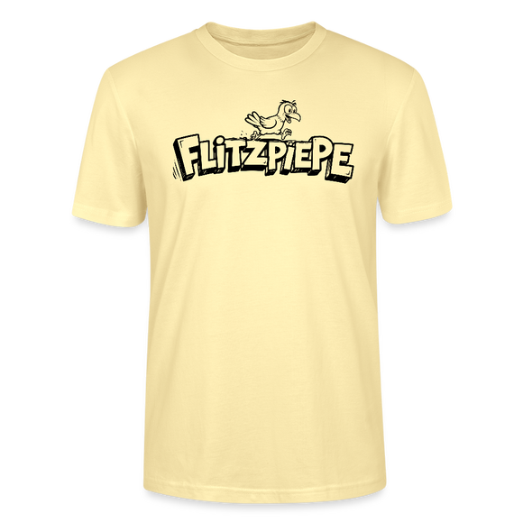 Berlin Shirt-schwarzer Brustprint im Cartoon-Style- lustiger Vogel rennt über Schriftzug 'FLITZPIEPE'-Unisex T-Shirt für leicht verpeilte Vögel - Creme