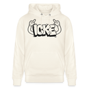 schwarzer "ICKE" Print im Cartoon style mit zwei nach oben zeigenden Händen-Unisex Bio-Hoodie mit Berliner Schnauze - Naturweiß 