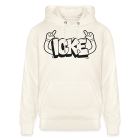 schwarzer "ICKE" Print im Cartoon style mit zwei nach oben zeigenden Händen-Unisex Bio-Hoodie mit Berliner Schnauze - Naturweiß 