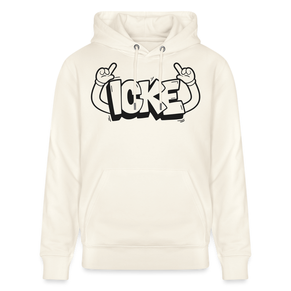 schwarzer "ICKE" Print im Cartoon style mit zwei nach oben zeigenden Händen-Unisex Bio-Hoodie mit Berliner Schnauze - Naturweiß 