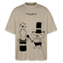 Steingraues Oversized Berlin Shirt mit schwarzem „OHNE WORTE“-Design, Zauberhut, ausgestrecktem Mittelfinger und kleinem Bären als Magier.