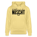 Gelber Hoodie mit mit schwarzem Print 'Nett kann ick ooch, bringt aber nüscht﻿' – Berliner Sprüche Hoodie aus Bio-Baumwolle 
