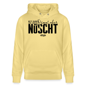 Gelber Hoodie mit mit schwarzem Print 'Nett kann ick ooch, bringt aber nüscht﻿' – Berliner Sprüche Hoodie aus Bio-Baumwolle 