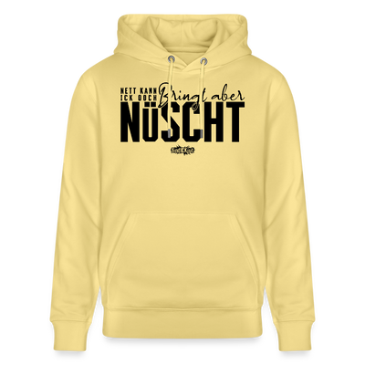 Gelber Hoodie mit mit schwarzem Print 'Nett kann ick ooch, bringt aber nüscht﻿' – Berliner Sprüche Hoodie aus Bio-Baumwolle 