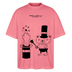 Pink farbenes Oversized Berlin Shirt mit schwarzem „OHNE WORTE“-Design, Zauberhut, ausgestrecktem Mittelfinger und kleinem Bären als Magier.