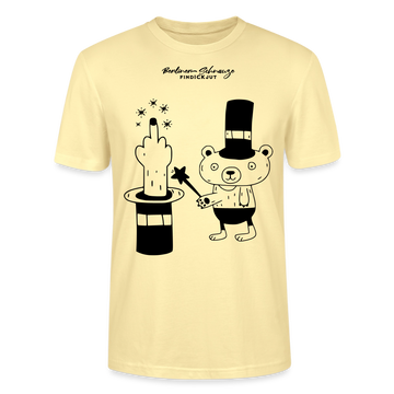 leichtes Unisex Berlin T-Shirt „OHNE WORTE“ mit schwarzem Berliner Schnauze Motiv, Zauberhut, erhobenem Mittelfinger und kleinem Bären im Magier-Look.- Creme