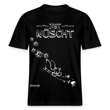 Weihnachtliches T‑Shirt‑Design „JIBT NÜSCHT“ mit Schlitten und fallenden Geschenken, Berliner Schnauze, Unisex, Bio‑Baumwolle 215 g/m². Schwarzes shirt mit weissem Print
