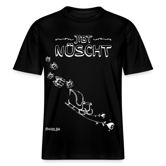 Weihnachtliches T‑Shirt‑Design „JIBT NÜSCHT“ mit Schlitten und fallenden Geschenken, Berliner Schnauze, Unisex, Bio‑Baumwolle 215 g/m². Schwarzes shirt mit weissem Print