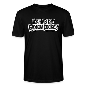 Schwarzes gerade geschnittenes Unisex-Shirt mit dem weißen Berliner Statement in Cartoon-style „ICK HAB DIE FAXEN DICKE“ auf der Brust – lässiger, klarer Stil mit Berliner Schnauze.