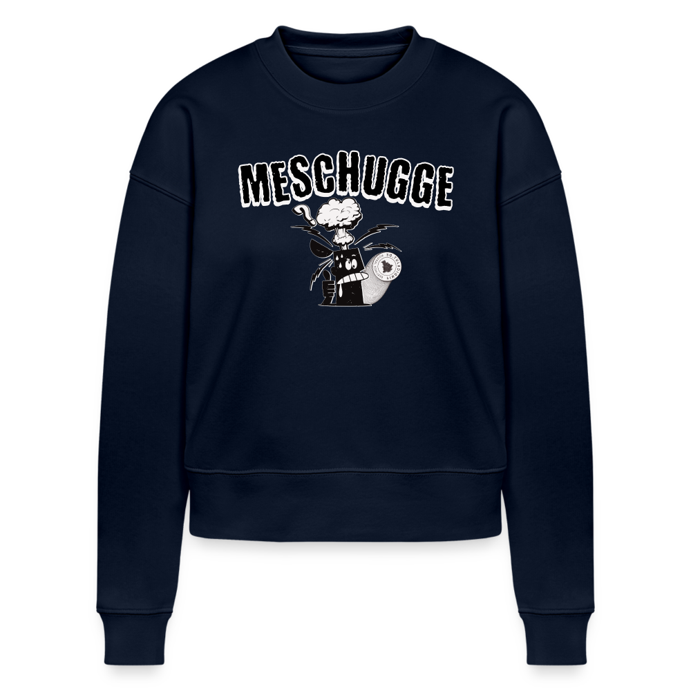 "MESCHUGGE" auf dem Cropped Frauen Bio Sweatshirt ist der perfekte Begleiter für alle, die die Berliner Schnauze lieben. Kurzer Schnitt, freche Message.  - Navy