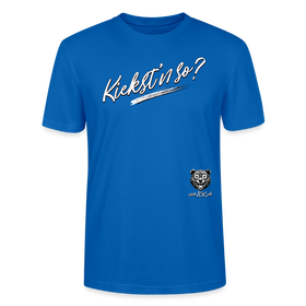 weisser Handgezeichneter Schriftzug "Kiekst'n so?" in schwungvoller Schreibschrift - typisch Berliner Spruch auf T-Shirt - Pfauenblau