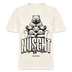 Berlin T-Shirt in naturweiss mit meditierendem Berliner Bären und Aufdruck „NÜSCHT muss ick“ im Berliner Schnauze Stil, Streetwear Design von findICKjut, ideal für Berlin Fans und Dialekt‑Liebhaber.