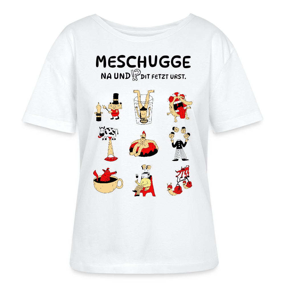 Berlin Shirt-mit schwarzem 'MESCHUGGE' Print und 9 bunten verrückten Figuren-Rundhals Frauen Bio-T-Shirt - Weiß