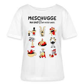 Berlin Shirt-mit schwarzem 'MESCHUGGE' Print und 9 bunten verrückten Figuren-Rundhals Frauen Bio-T-Shirt - Weiß