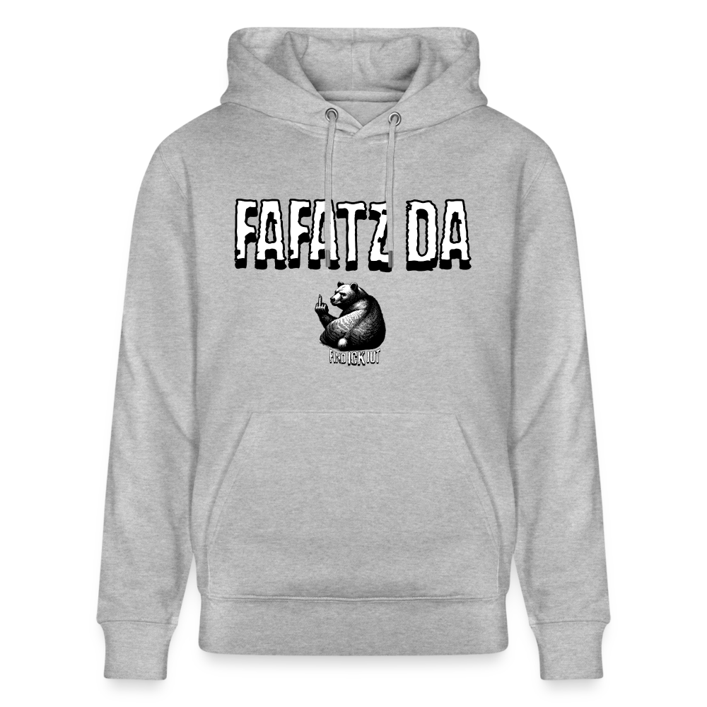 Unisex Hoodie mit Statementprint „FAFATZ DA“, gerade geschnitten, 350 g/m² Bio-Baumwolle, Kängurutasche, doppelt gefütterte Kapuze mit Metall-Details. - Grau meliert