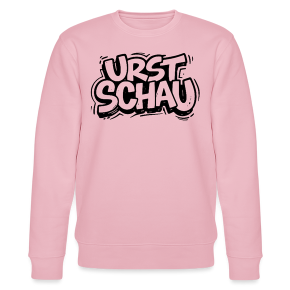 hellrosa farbener Bio Unisex Sweater mit schwarzem Letter-Print „URST SCHAU“ – berliner ostalgie & berliner schnauze Statement, reguläre Passform.