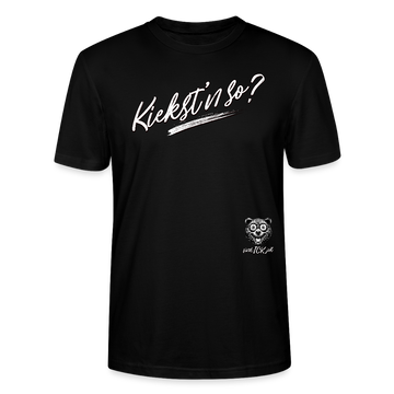 weisser Handgezeichneter Schriftzug "Kiekst'n so?" in schwungvoller Schreibschrift - typisch Berliner Spruch auf T-Shirt- Schwarz