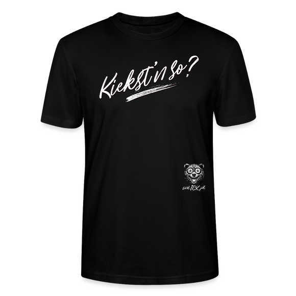 weisser Handgezeichneter Schriftzug "Kiekst'n so?" in schwungvoller Schreibschrift - typisch Berliner Spruch auf T-Shirt- Schwarz