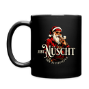 schwarze-Weihnachtstasse mit Berliner Spruch „JIBT NÜSCHT IHR FLITZPIEPEN“ und Weihnachtsmann-Motiv – perfekte Geschenkidee für Berliner Originale. Henkel links