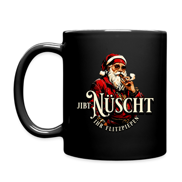 schwarze-Weihnachtstasse mit Berliner Spruch „JIBT NÜSCHT IHR FLITZPIEPEN“ und Weihnachtsmann-Motiv – perfekte Geschenkidee für Berliner Originale. Henkel links