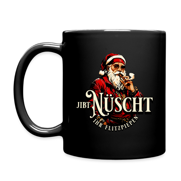 schwarze-Weihnachtstasse mit Berliner Spruch „JIBT NÜSCHT IHR FLITZPIEPEN“ und Weihnachtsmann-Motiv – perfekte Geschenkidee für Berliner Originale. Henkel links