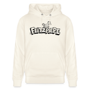 naturweisser Unisex Hoodie mit schwarzem Print „Flitzpiepe“ und rennendem Vogel im Comic-Cartoon-Stil, 