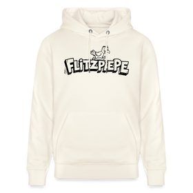 naturweisser Unisex Hoodie mit schwarzem Print „Flitzpiepe“ und rennendem Vogel im Comic-Cartoon-Stil, 