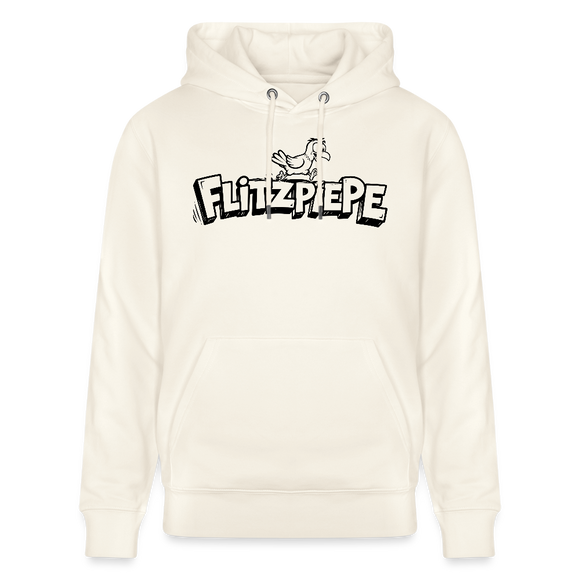 naturweisser Unisex Hoodie mit schwarzem Print „Flitzpiepe“ und rennendem Vogel im Comic-Cartoon-Stil, 