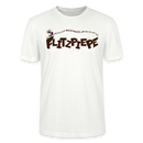 Weißes Bio Unisex T-Shirt mit braunem Schriftzug "FLITZPIEPE" auf der Vorderseite. Darüber steht in kleinerer Schrift: "BISSCHEN MESCHUGGE UND DIT IS JUT SO!" Links neben dem Text ist eine kleine, stilisierte Illustration einer verrückten Figur zu sehen.