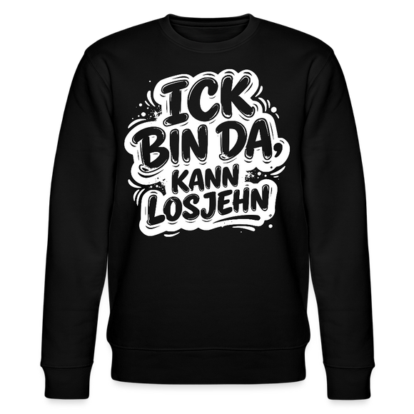 weißes Typo-Design, im Graffiti/Comicstyle „ICK BIN DA KANN LOSJEHN“ auf weissem Unisex Berlin Sweater, aus 100% Bio Baumwolle