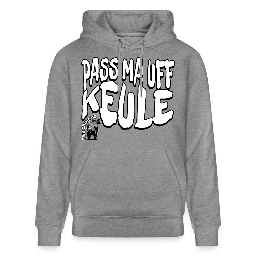 Grauer marmorierter Bio unisex Hoodie mit weissem auffälligem „PASS MA UFF KEULE“-Brustprint im Berliner Schnauze Stil und Bär-Logo von findickjut.de