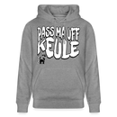 Grauer marmorierter Bio unisex Hoodie mit weissem auffälligem „PASS MA UFF KEULE“-Brustprint im Berliner Schnauze Stil und Bär-Logo von findickjut.de